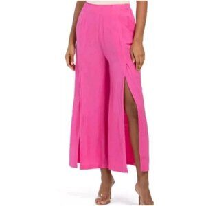Linen Blend Pull On Wide Leg Slit Front Pants